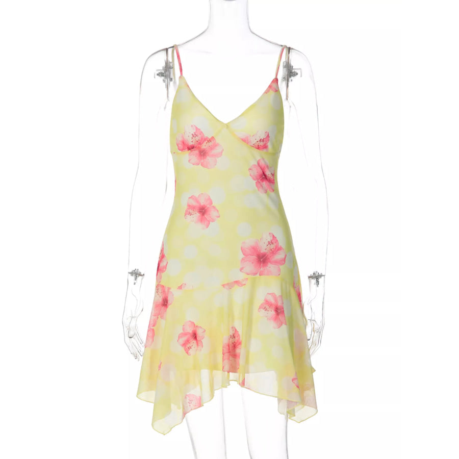 Sheer Floral Print Sleeveless Asymmetrical Mini Dress Apparel and Accessories