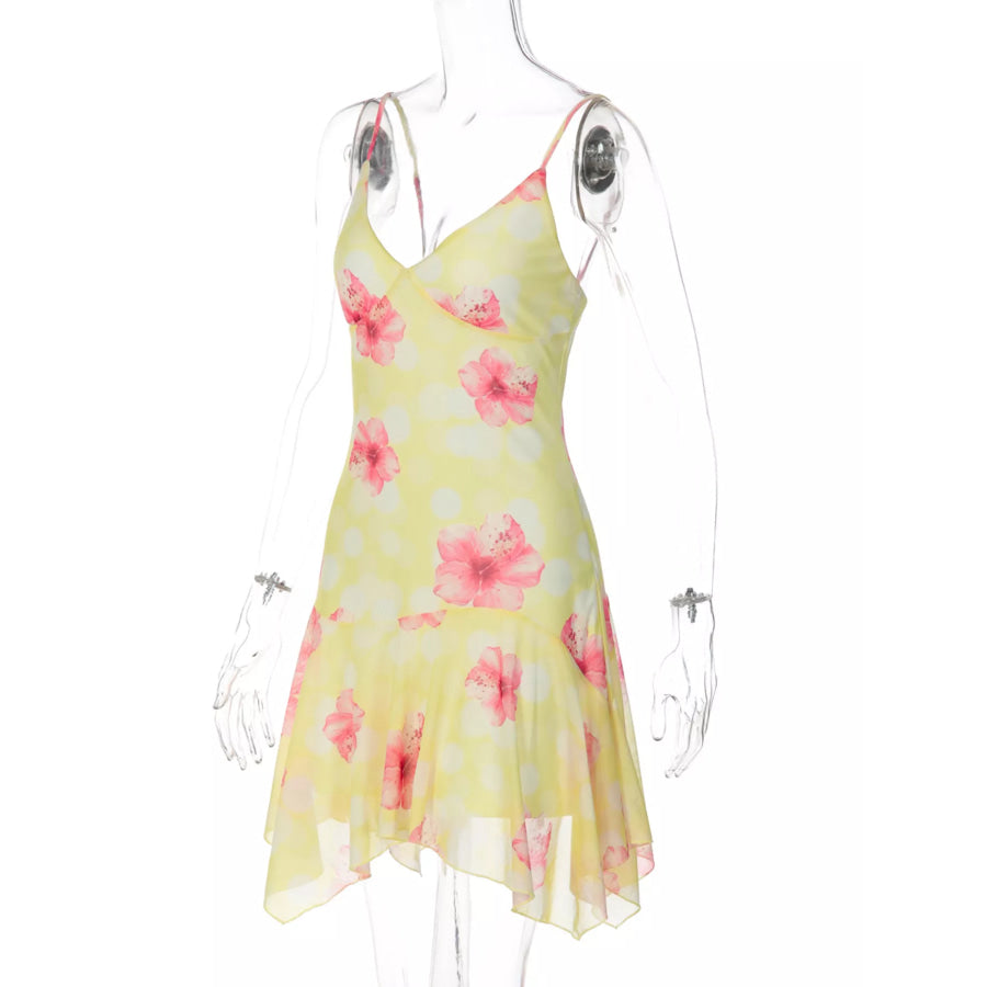 Sheer Floral Print Sleeveless Asymmetrical Mini Dress Apparel and Accessories