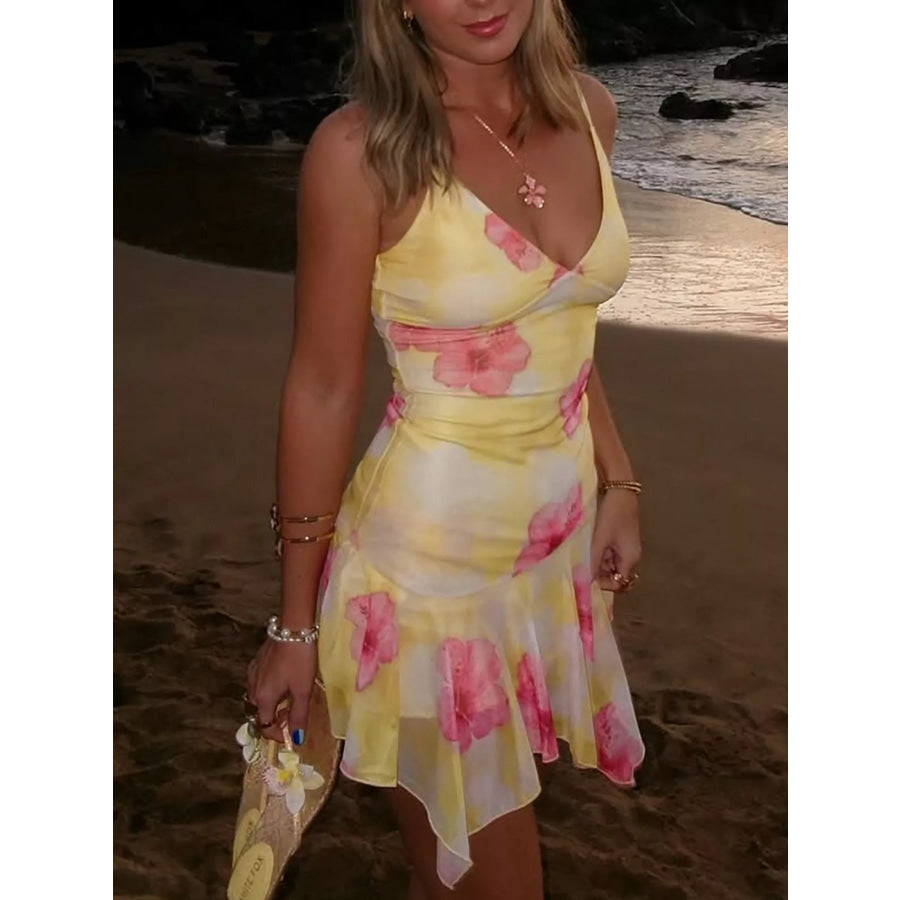 Sheer Floral Print Sleeveless Asymmetrical Mini Dress Apparel and Accessories