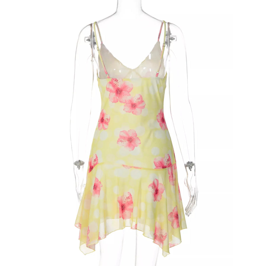 Sheer Floral Print Sleeveless Asymmetrical Mini Dress Apparel and Accessories