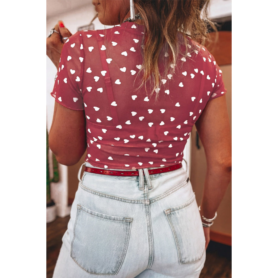 Sheer Heart Print Fitted Top Apparel and Accessories