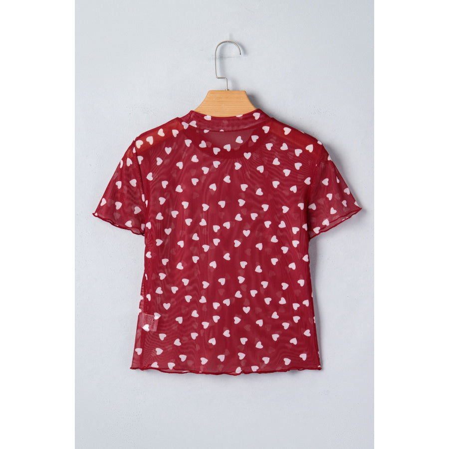 Sheer Heart Print Fitted Top Apparel and Accessories