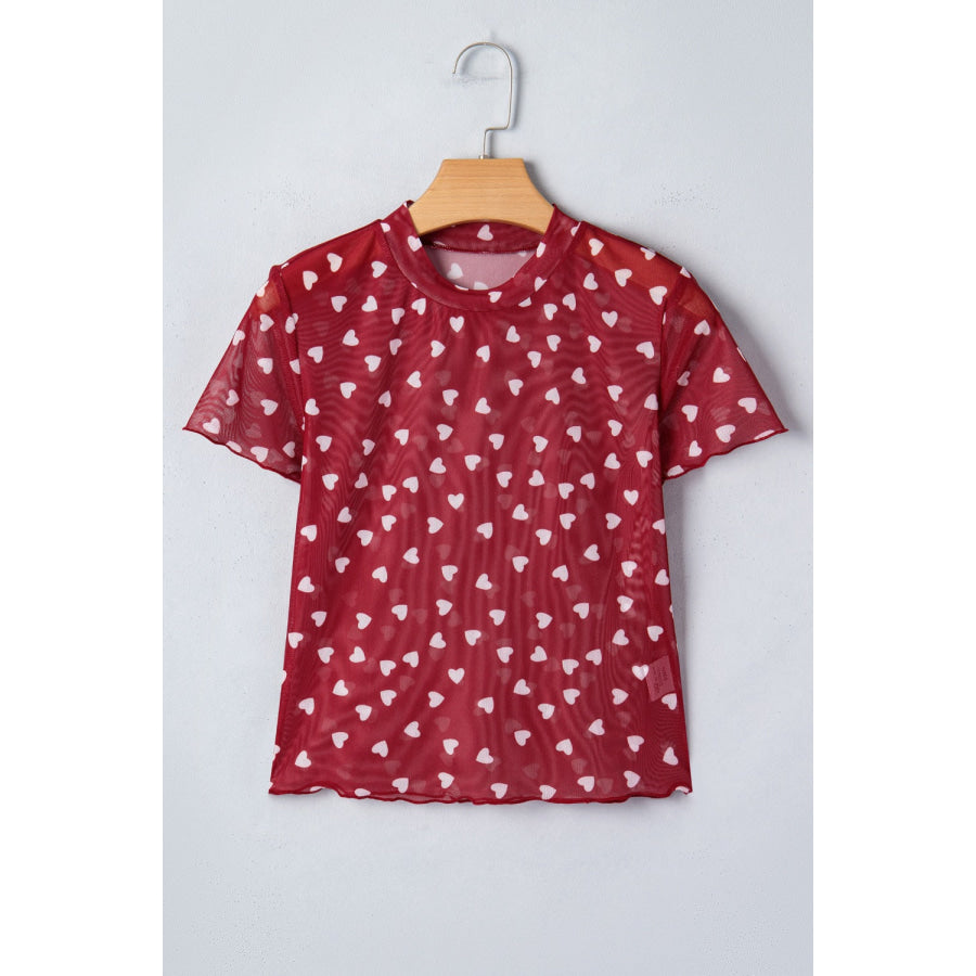 Sheer Heart Print Fitted Top Apparel and Accessories
