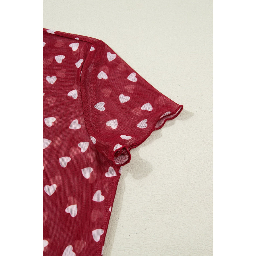Sheer Heart Print Fitted Top Apparel and Accessories