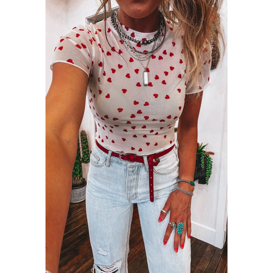 Sheer Heart Print Fitted Top Apparel and Accessories