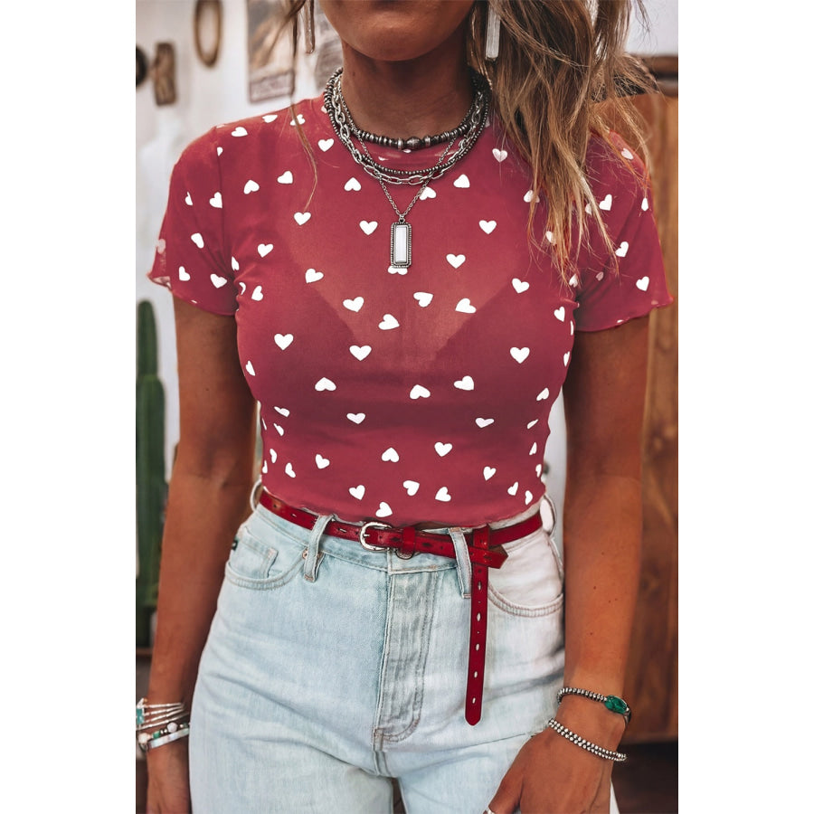 Sheer Heart Print Fitted Top Apparel and Accessories
