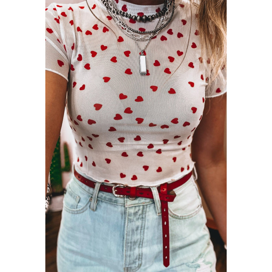 Sheer Heart Print Fitted Top Apparel and Accessories