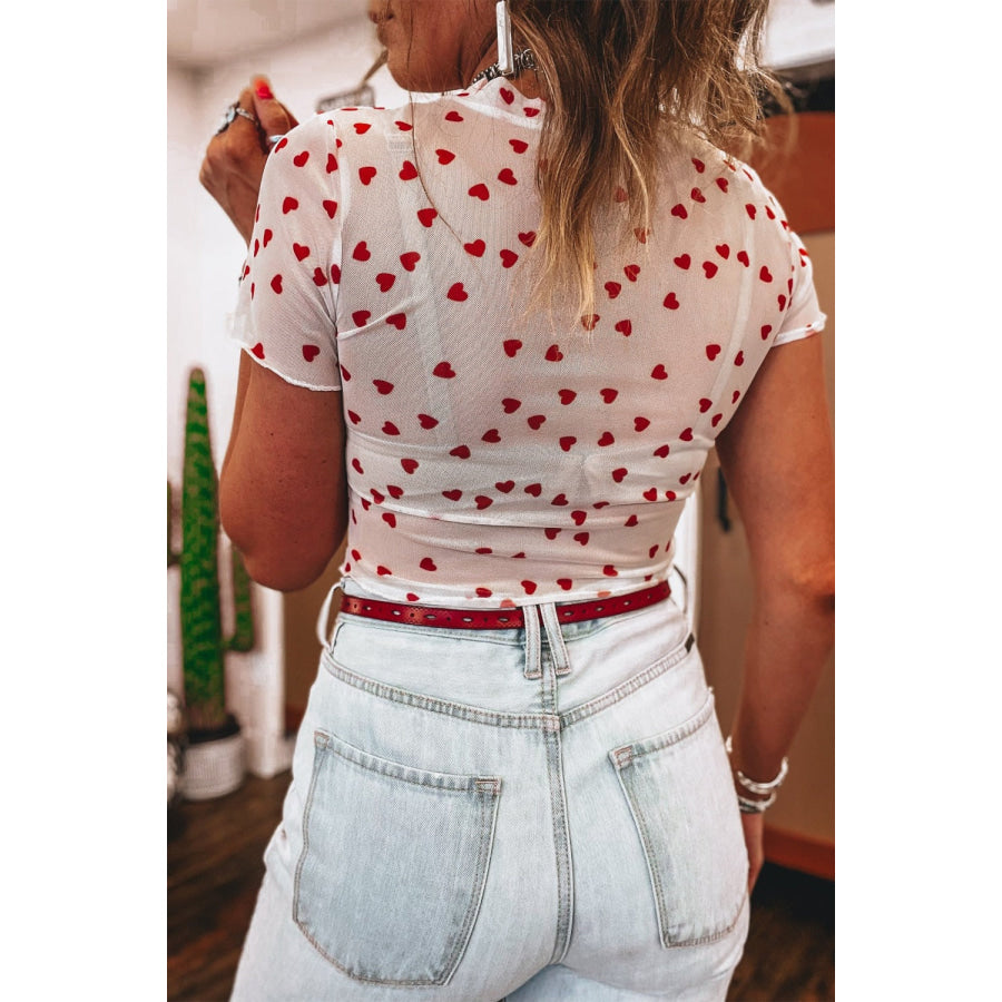 Sheer Heart Print Fitted Top Apparel and Accessories