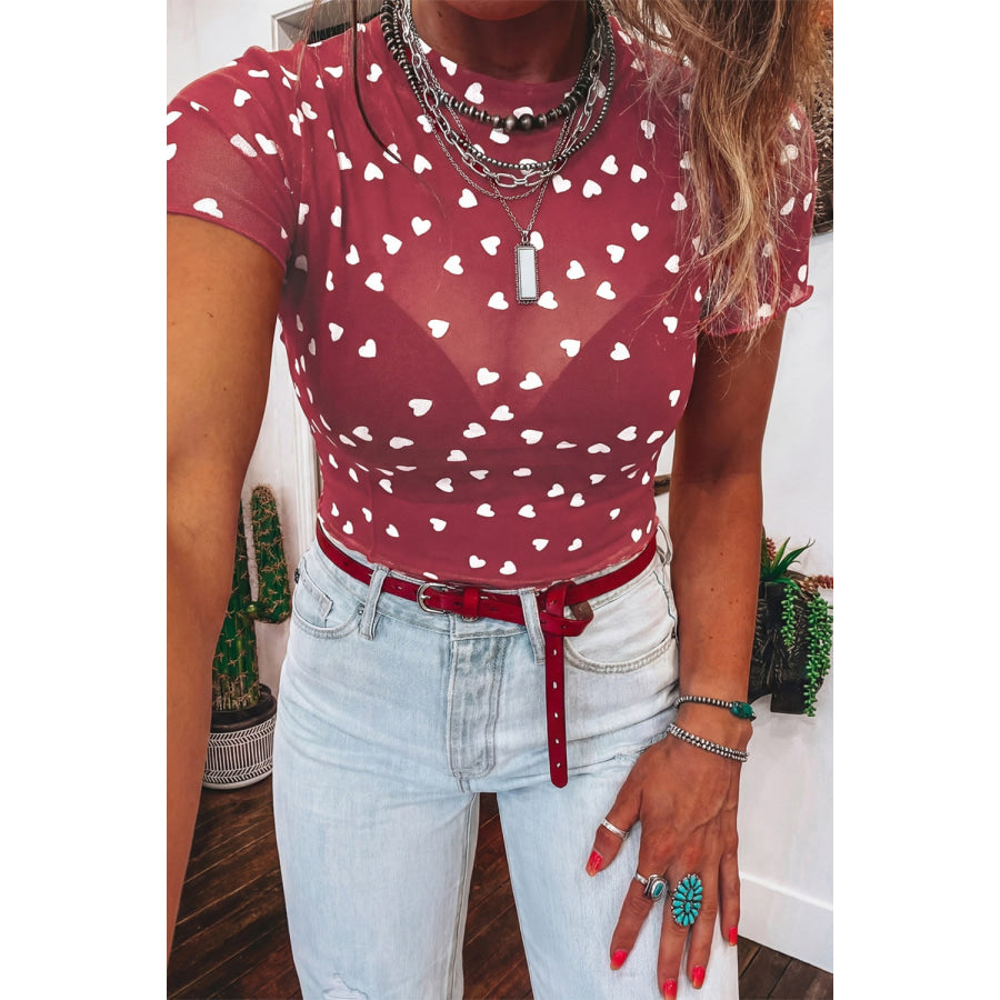 Sheer Heart Print Fitted Top Deep Red / S Apparel and Accessories