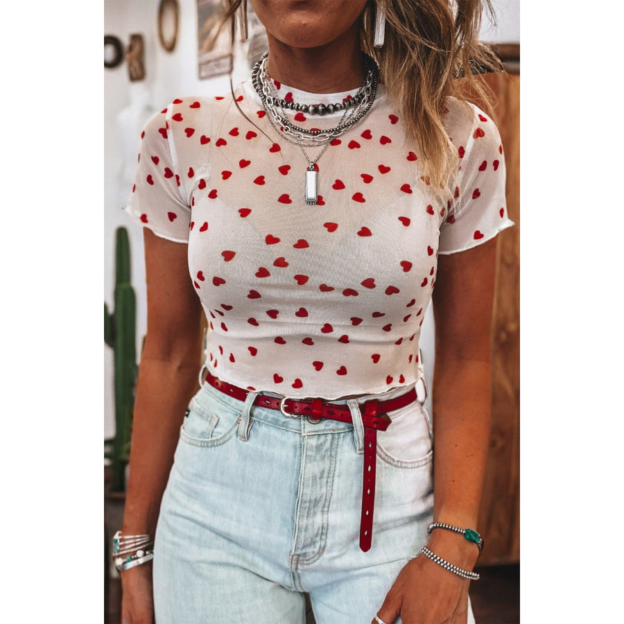 Sheer Heart Print Fitted Top White / S Apparel and Accessories