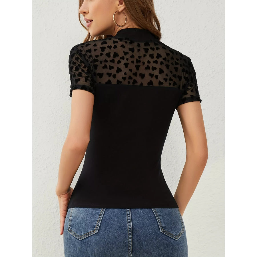 Sheer Heart Print Mock Neck Slim Fit T-Shirt Apparel and Accessories