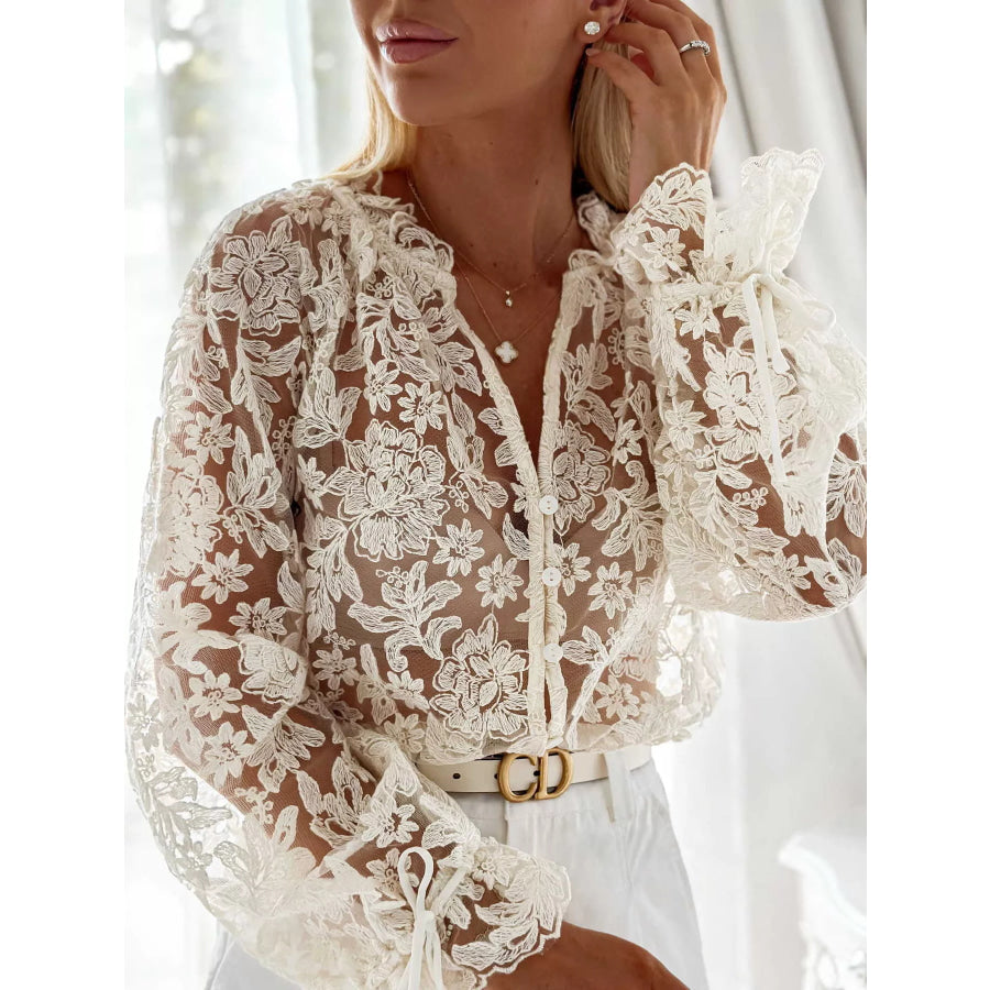 Sheer Lace Long Sleeve Shirt Apparel and Accessories