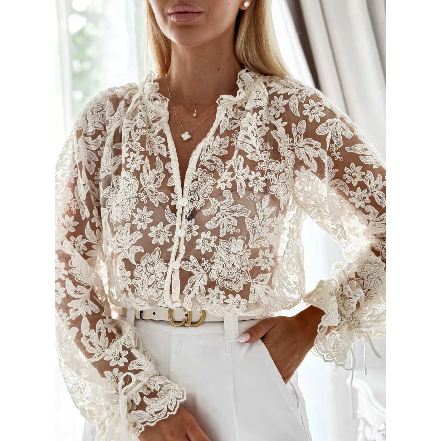 Sheer Lace Long Sleeve Shirt Beige / S Apparel and Accessories