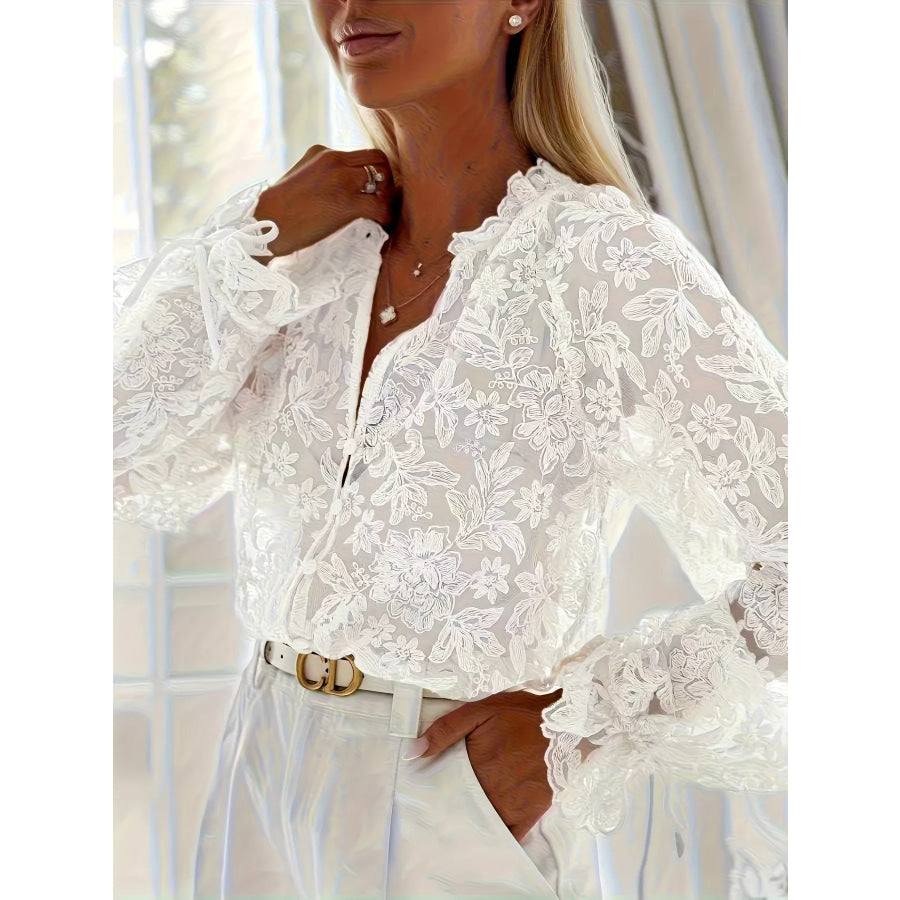 Sheer Lace Long Sleeve Shirt White / S Apparel and Accessories
