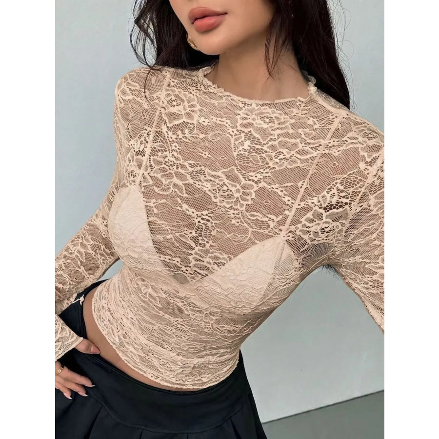 Sheer Lace Long Sleeve Top Khaki / S Apparel and Accessories