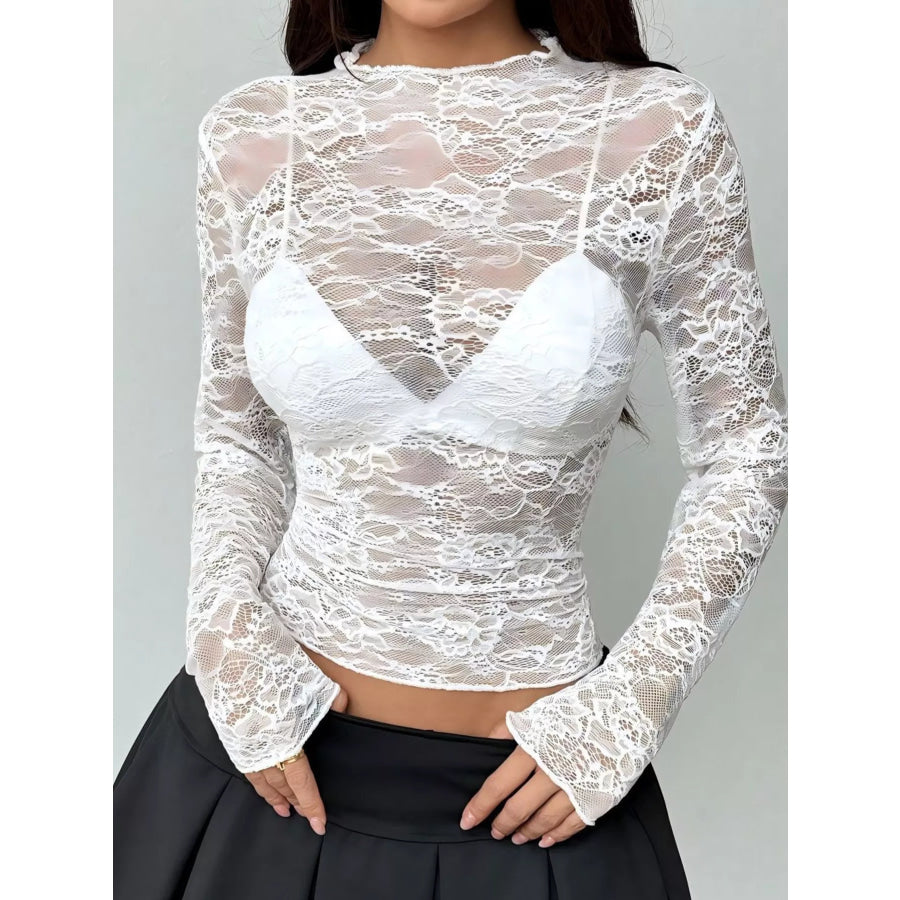 Sheer Lace Long Sleeve Top White / S Apparel and Accessories