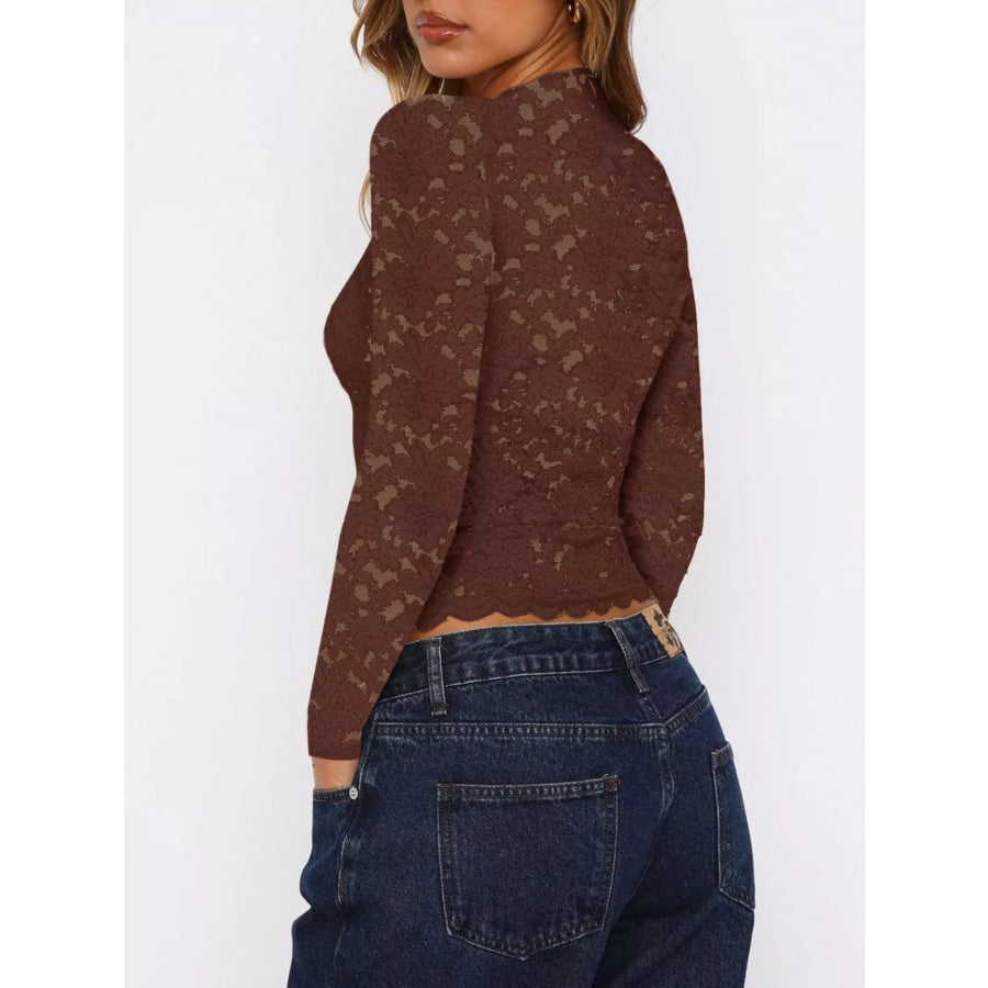 Sheer Lace Long Sleeve V-Neck Top Apparel and Accessories