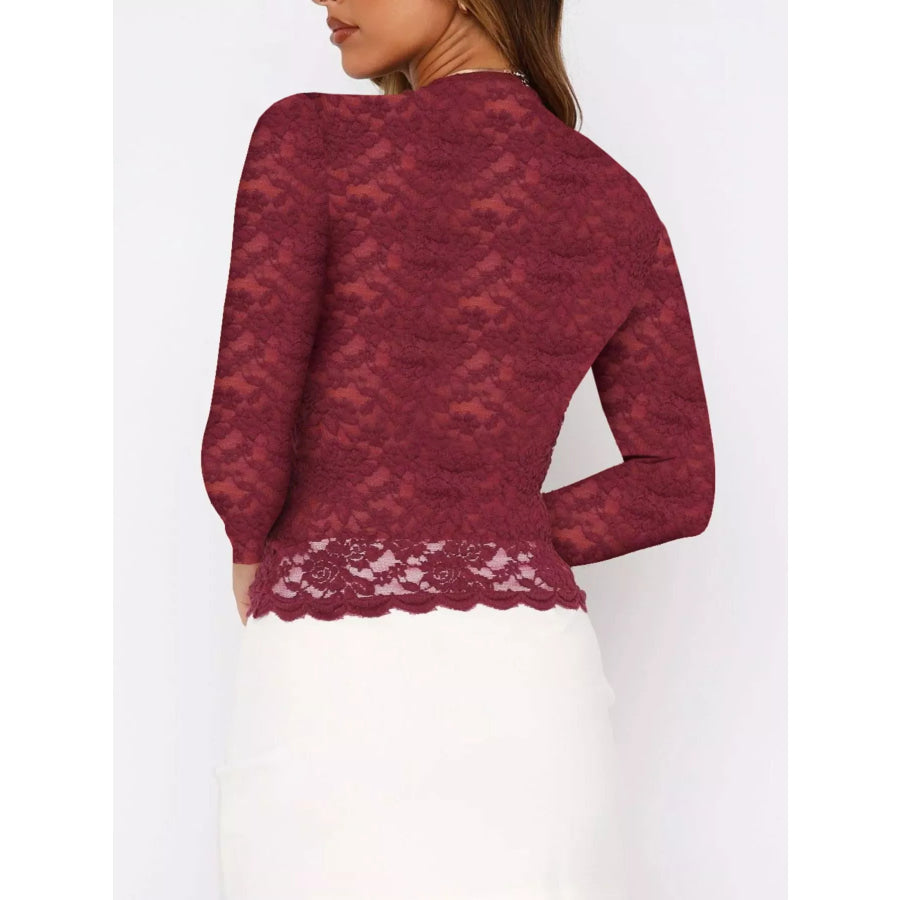 Sheer Lace Long Sleeve V-Neck Top Apparel and Accessories