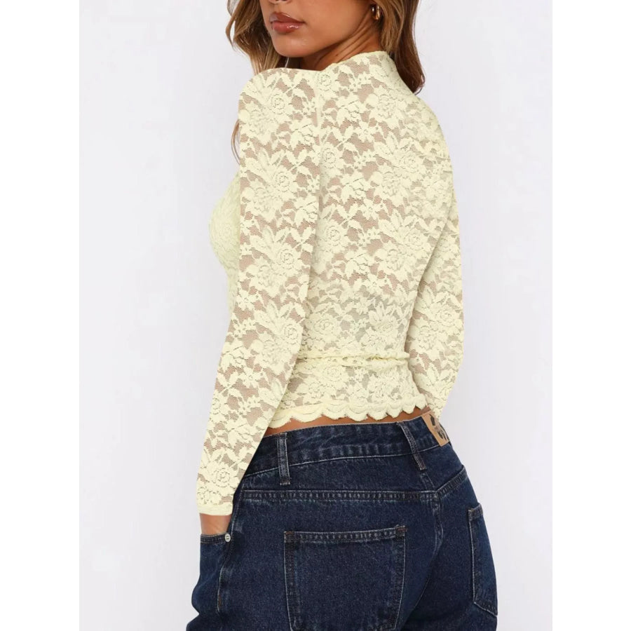 Sheer Lace Long Sleeve V-Neck Top Apparel and Accessories