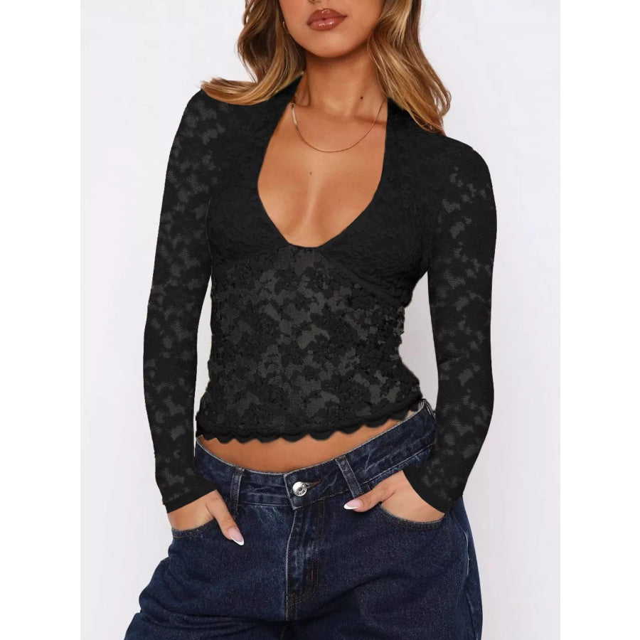 Sheer Lace Long Sleeve V-Neck Top Black / S Apparel and Accessories