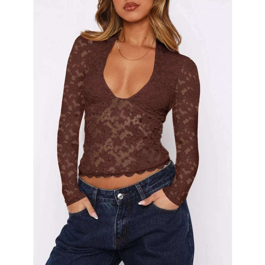 Sheer Lace Long Sleeve V-Neck Top Brown / S Apparel and Accessories