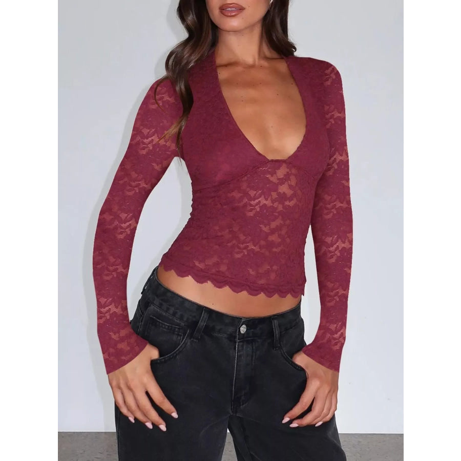 Sheer Lace Long Sleeve V-Neck Top Burgundy / S Apparel and Accessories