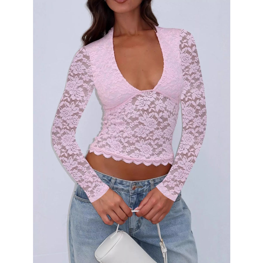 Sheer Lace Long Sleeve V-Neck Top Pink / S Apparel and Accessories