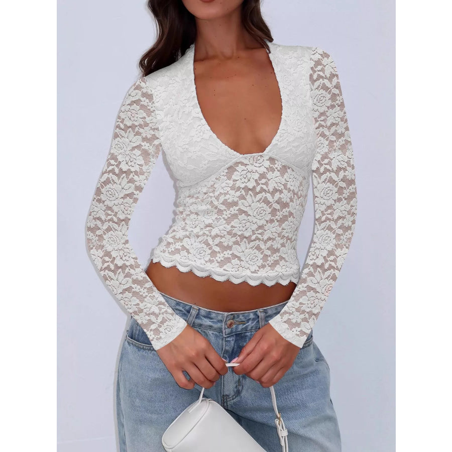 Sheer Lace Long Sleeve V-Neck Top White / S Apparel and Accessories