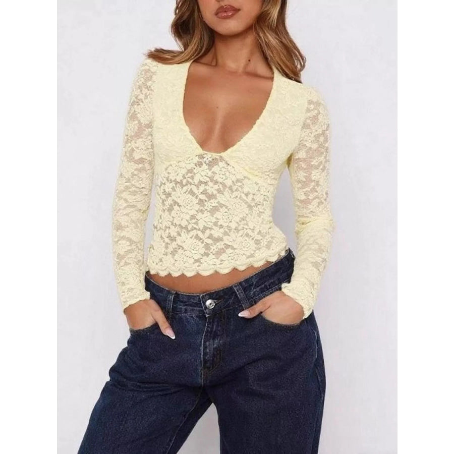 Sheer Lace Long Sleeve V-Neck Top Yellow / S Apparel and Accessories
