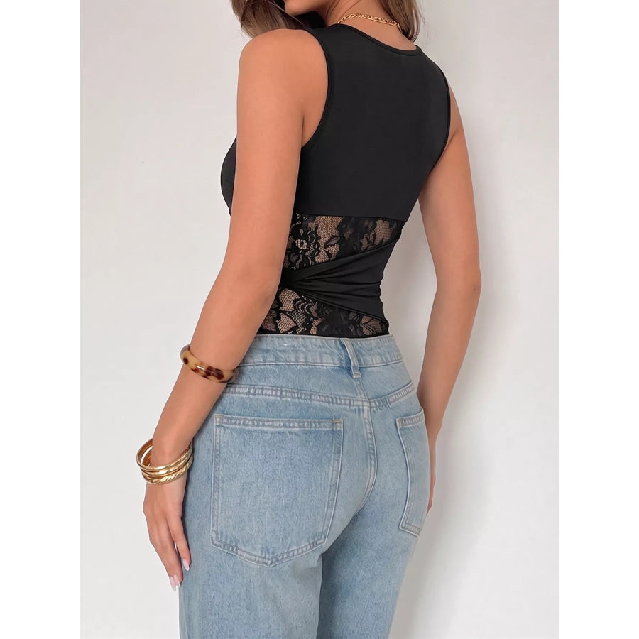 Sheer Lace Panel Sleeveless Bodysuit Apparel and Accessories