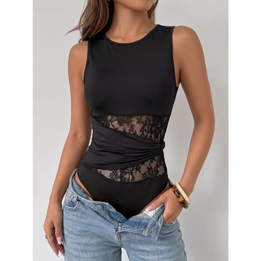 Sheer Lace Panel Sleeveless Bodysuit Black / S Apparel and Accessories
