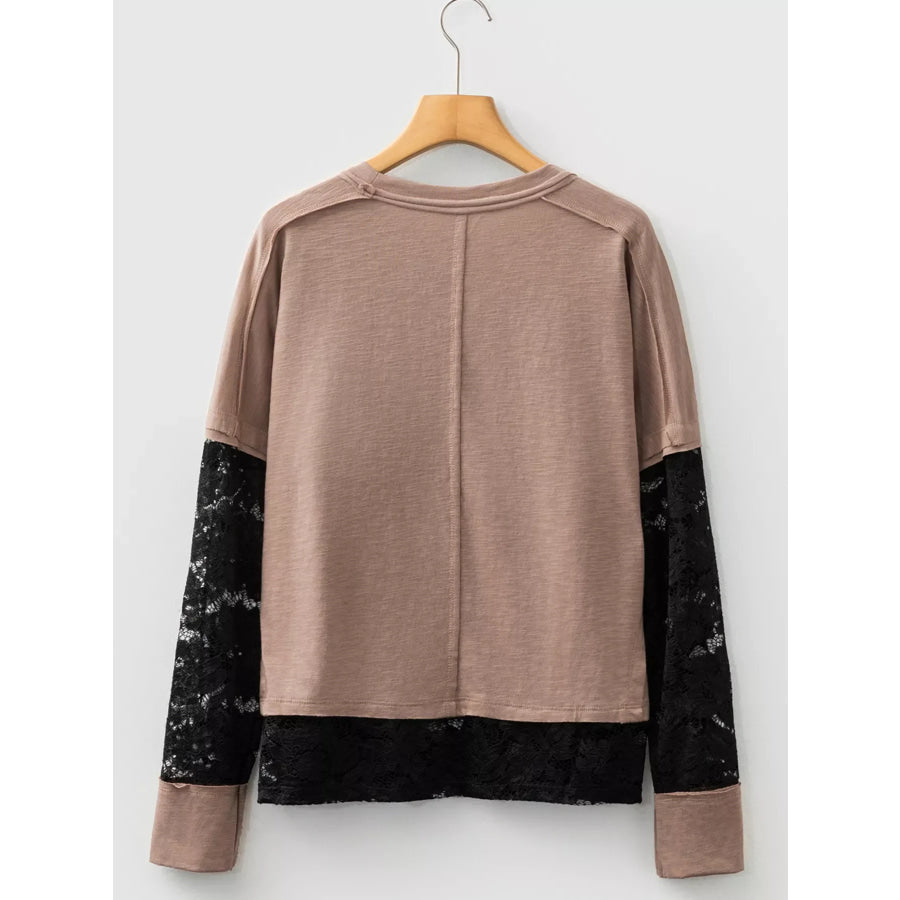 Sheer Lace Patchwork Casual Long Sleeve Tee Apparel and Accessories