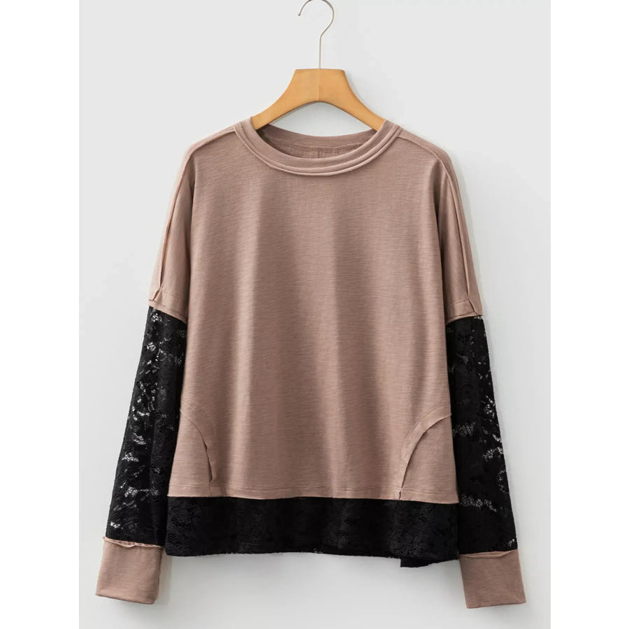 Sheer Lace Patchwork Casual Long Sleeve Tee Apparel and Accessories