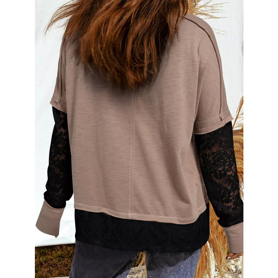 Sheer Lace Patchwork Casual Long Sleeve Tee Apparel and Accessories