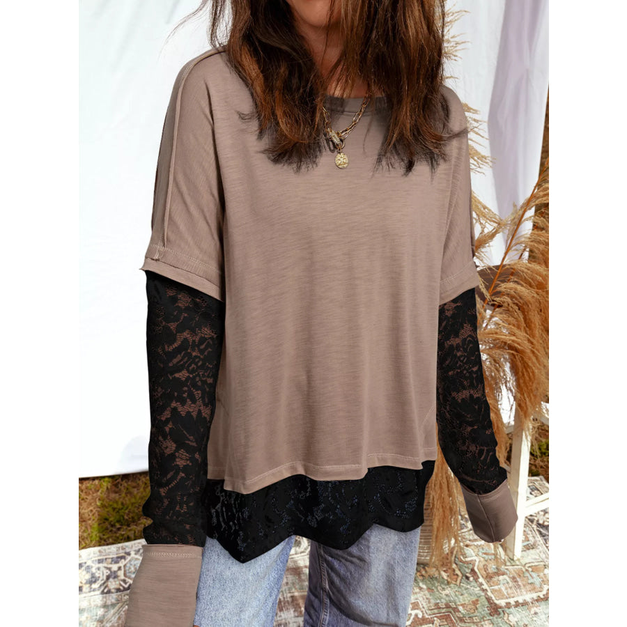 Sheer Lace Patchwork Casual Long Sleeve Tee Mocha / S Apparel and Accessories