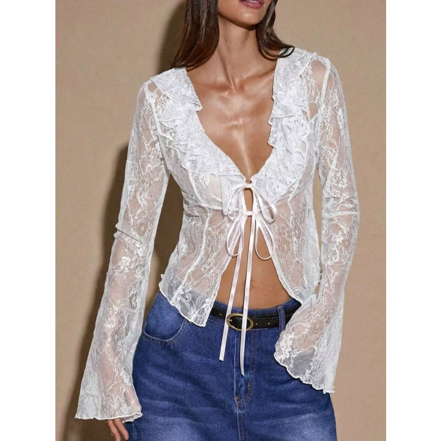 Sheer Lace Ruffle Tie-Front Blouse Apparel and Accessories