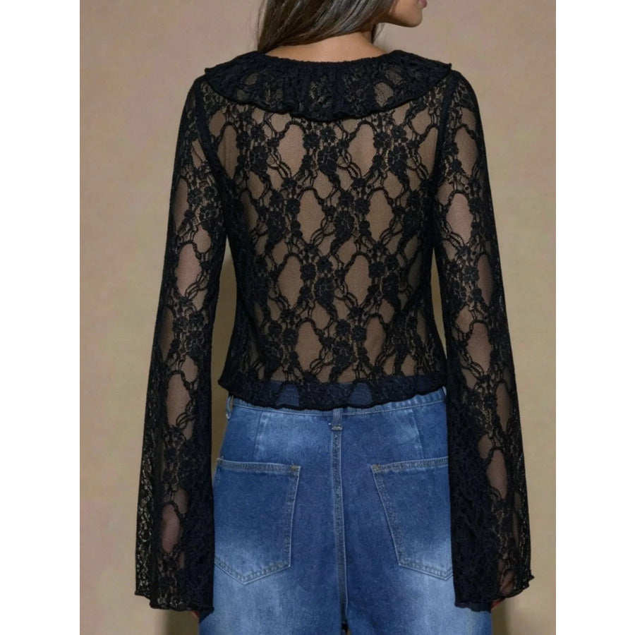 Sheer Lace Ruffle Tie-Front Blouse Apparel and Accessories