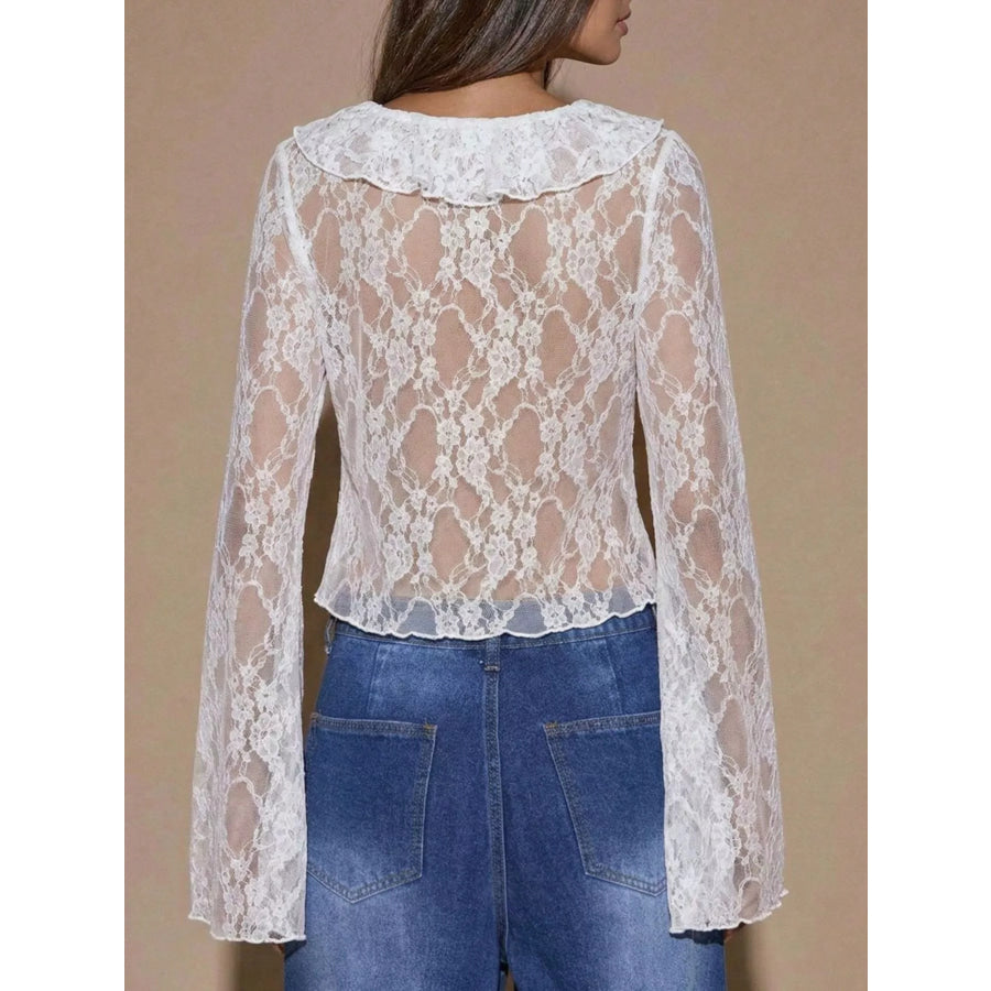 Sheer Lace Ruffle Tie-Front Blouse Apparel and Accessories