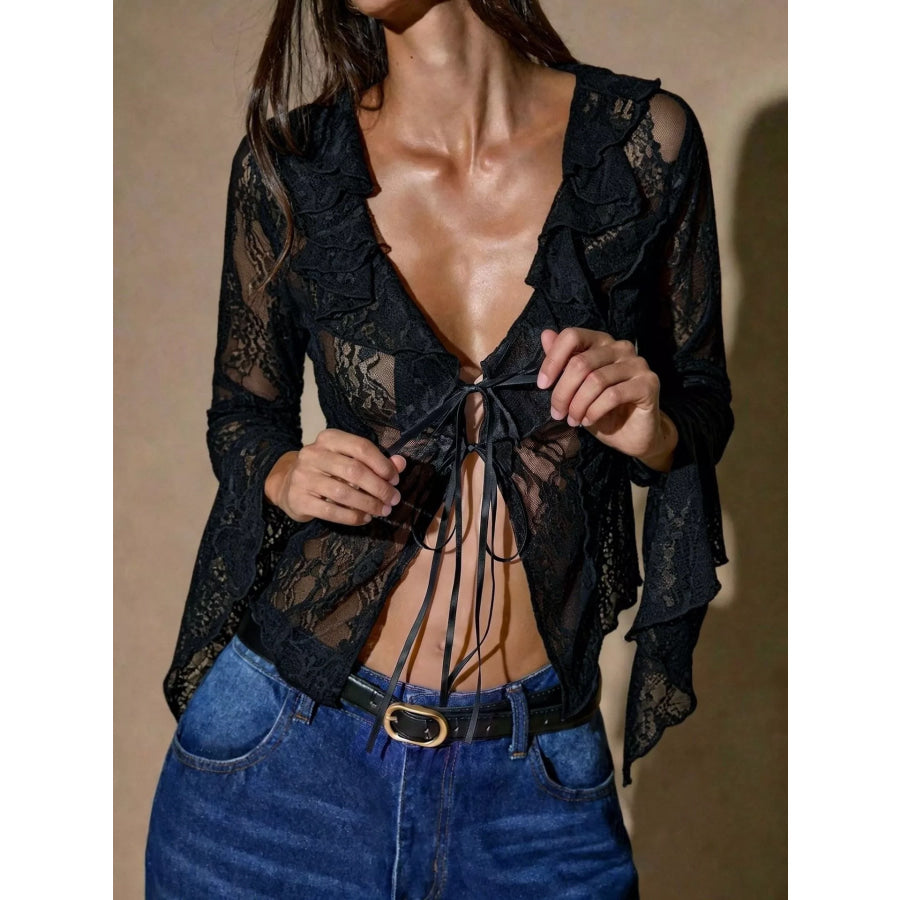Sheer Lace Ruffle Tie-Front Blouse Black / S Apparel and Accessories