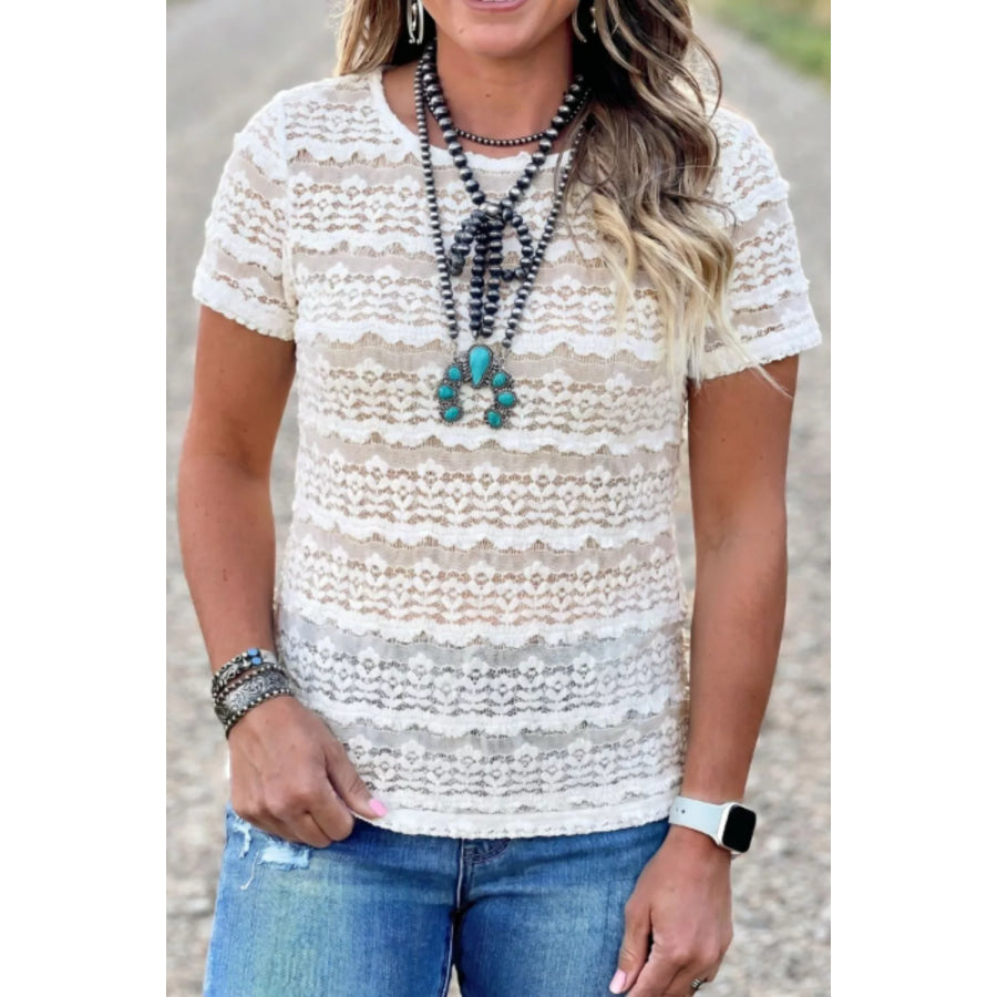 Sheer Lace Short Sleeve Top Apparel and Accessories