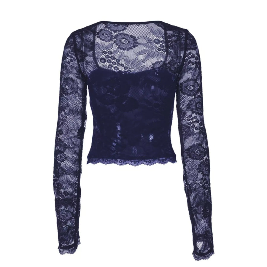 Sheer Lace Sleeve Square Neck T-Shirt Apparel and Accessories