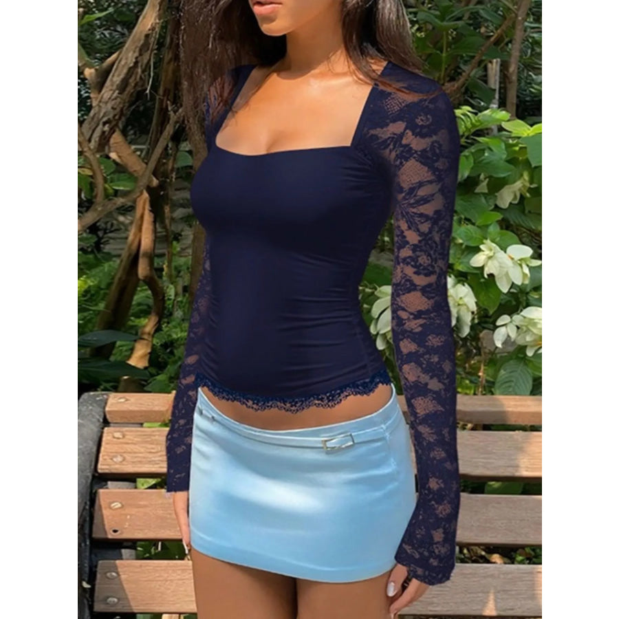 Sheer Lace Sleeve Square Neck T-Shirt Apparel and Accessories