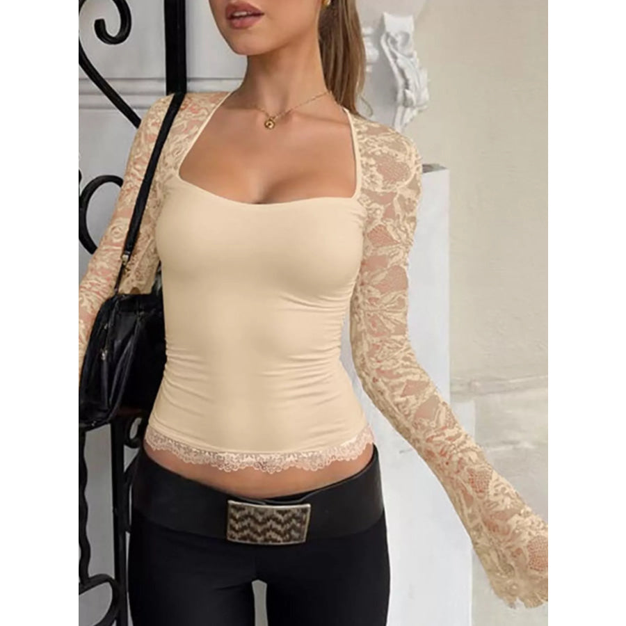 Sheer Lace Sleeve Square Neck T-Shirt Apparel and Accessories