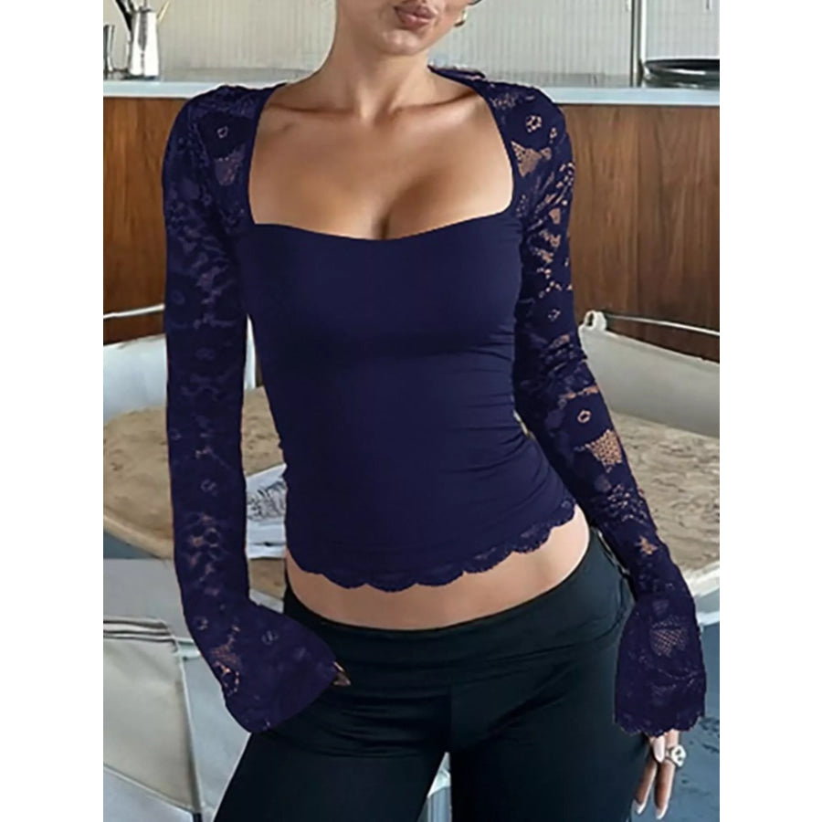 Sheer Lace Sleeve Square Neck T-Shirt Apparel and Accessories