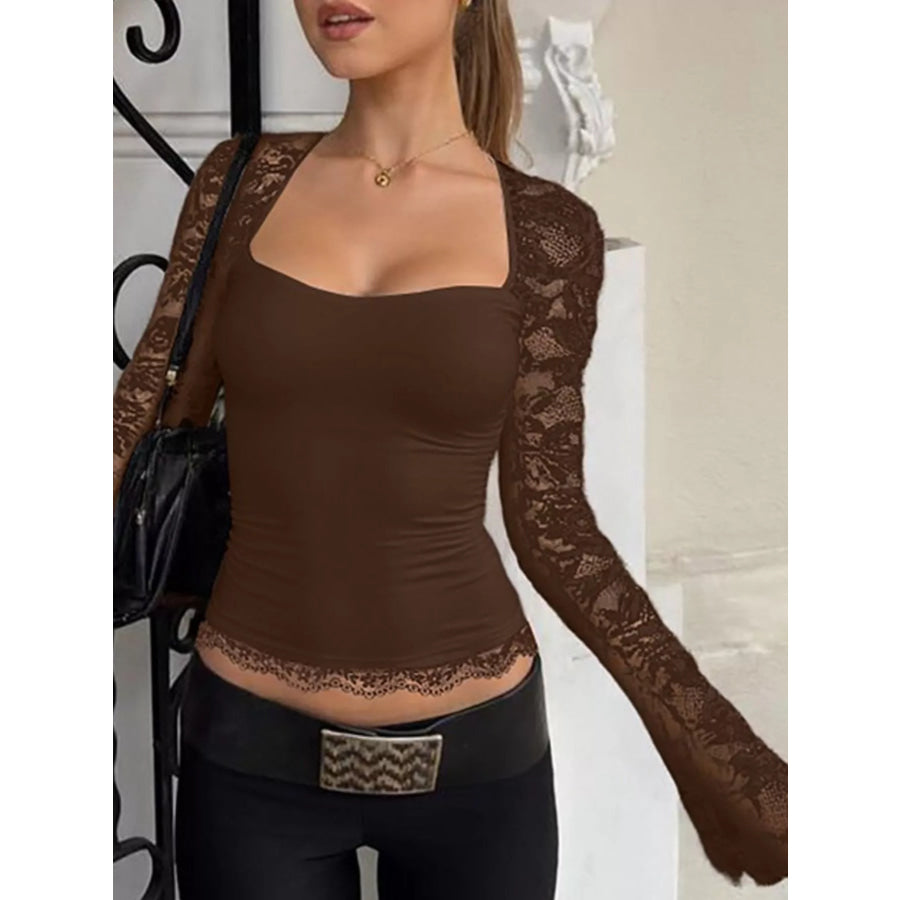 Sheer Lace Sleeve Square Neck T-Shirt Apparel and Accessories