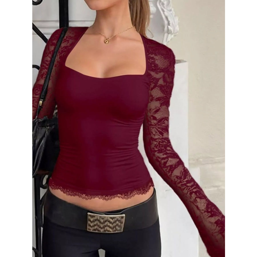 Sheer Lace Sleeve Square Neck T-Shirt Apparel and Accessories