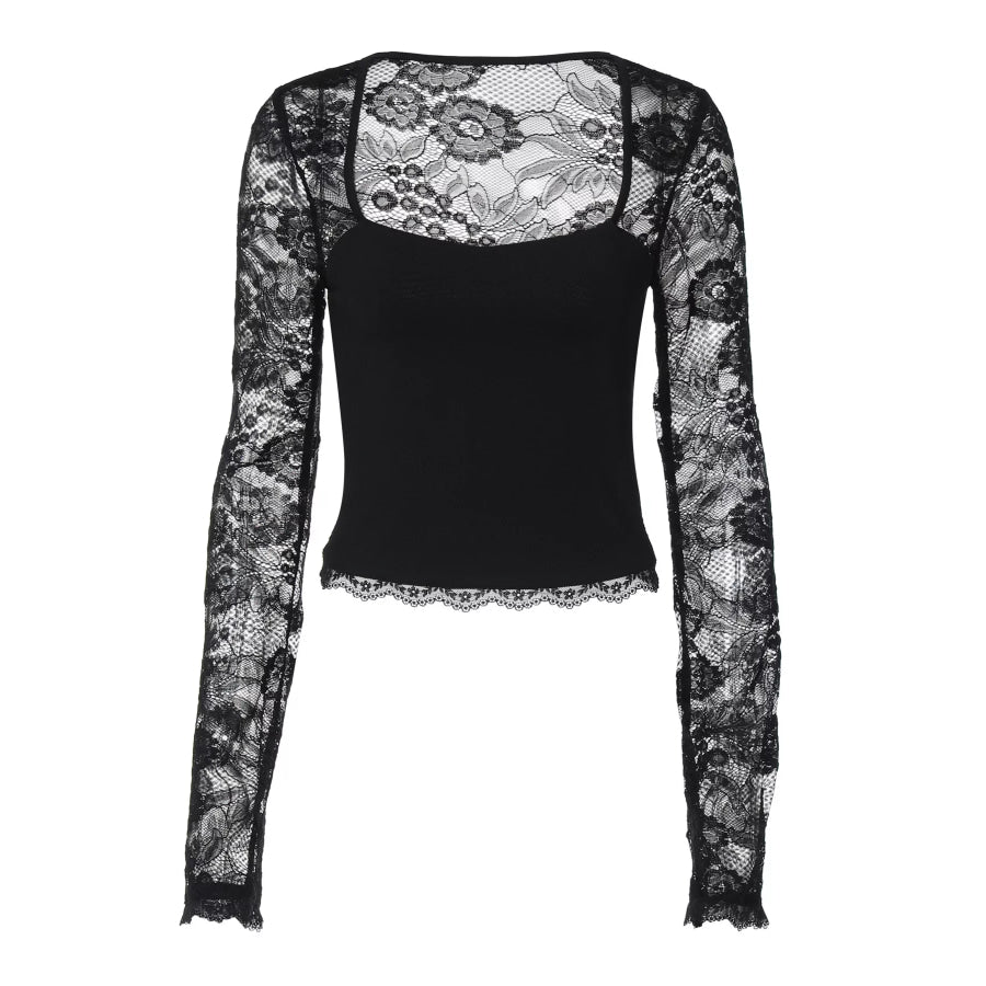 Sheer Lace Sleeve Square Neck T-Shirt Apparel and Accessories
