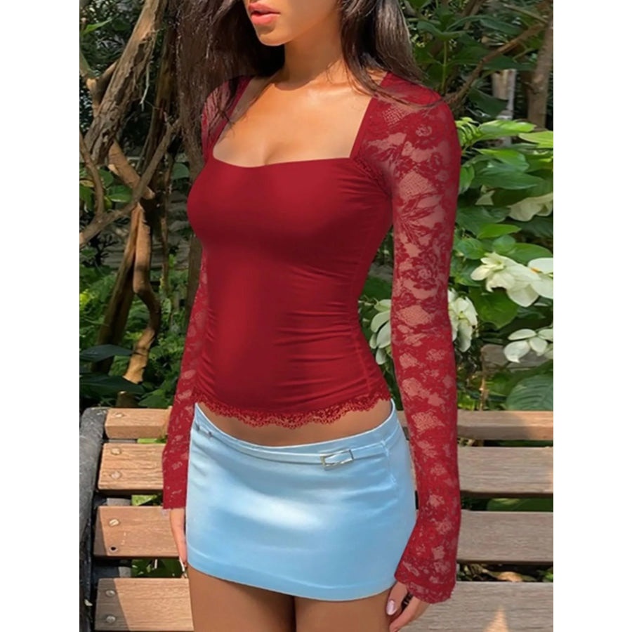 Sheer Lace Sleeve Square Neck T-Shirt Apparel and Accessories