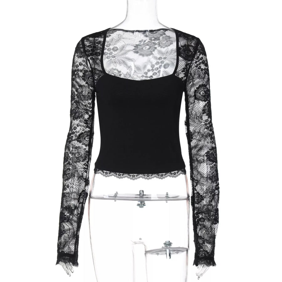 Sheer Lace Sleeve Square Neck T-Shirt Apparel and Accessories