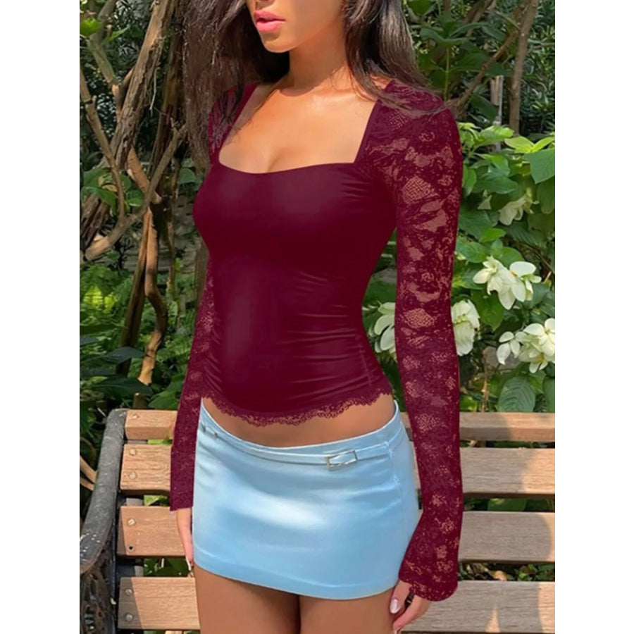 Sheer Lace Sleeve Square Neck T-Shirt Apparel and Accessories